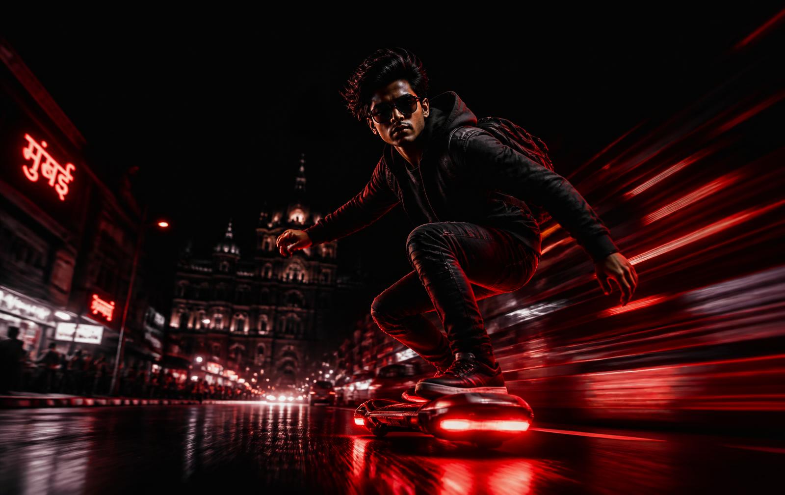 Rider on a hoverboard through neon-lit city streets